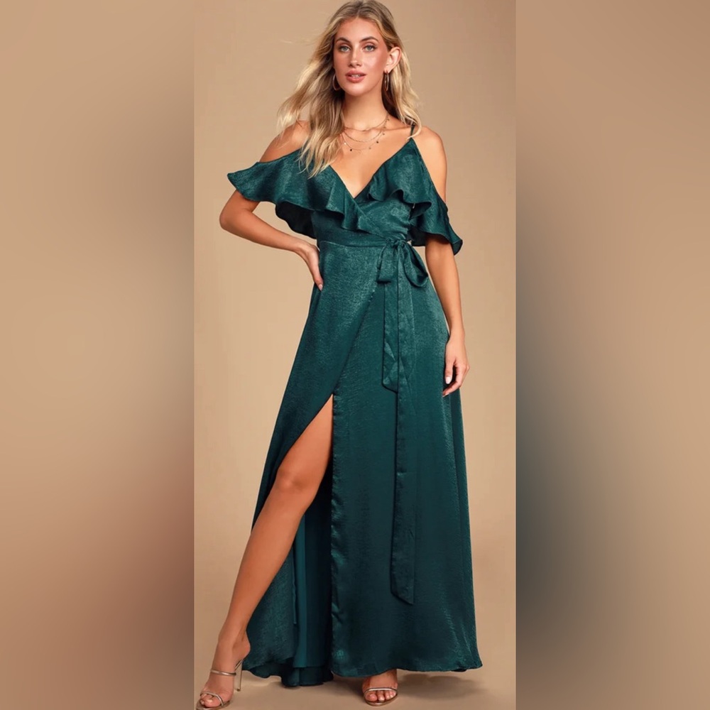 Emerald off shoulder wrap dress